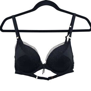 Victoria's Secret Black Lace Panel Double Slide Hook Back Push Up Bra‎ Size 32D